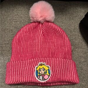 Pink Beanie with Princess Peach patch pink Pom Pom winter snow